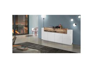 8052773805636 - Kommode Dgerl Küchen-Sideboard mit 4 Türen Wohnzimmer-Buffet 100% Made in Italy cm 200x45h86 Weiß glänzend und Ahorn - Dmora