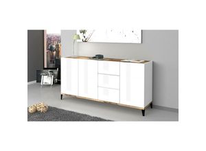 8052773805841 - Dmora - Kommode Dlong Küchen-Sideboard mit 3 Türen und 3 Schubladen Wohnzimmer-Buffet 100% Made in Italy cm 160x40h82 glänzend weiß und Ahorn