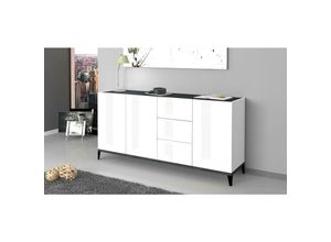 8052773806077 - Dmora - Kommode Dlong Küchen-Sideboard mit 3 Türen und 3 Schubladen Wohnzimmer-Buffet 100 % Made in Italy cm 160x40h82 glänzend weiß und Schiefer