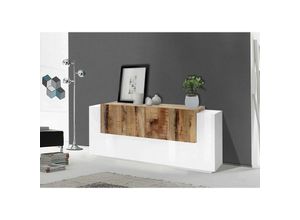 8052773806145 - Kommode Ddionis Küchen-Sideboard mit 7 Türen Wohnzimmer-Buffet Küchen-Sideboard 100% Made in Italy cm 200x45h86 glänzend weiß und Ahorn - Dmora