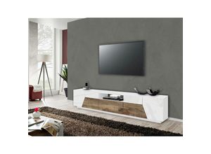 8052773807500 - Dmora - Fernsehschrank Dfilipp Niedriges Sideboard für Wohnzimmer Sockel für TV-Möbel 100 % Made in Italy cm 220x43h46 Weiß glänzend und Ahorn