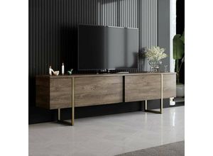 8052773907958 - Dmora - Fernsehschrank Centaurus Ständer für Wohnzimmerfernseher Niedriges Wohnzimmer-Sideboard TV-Ständerbasis 180x30h50 cm Walnuss und Gold