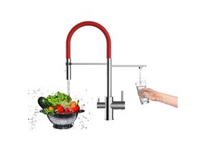 8055765122575 - Vizio - 3 Wege Wasserhahn Kueche Spueltischarmatur Verchromt Kuechenarmatur mit Rot 360 schwenkbarem Auslauf und abnehmbare 2 strahl Handbrause