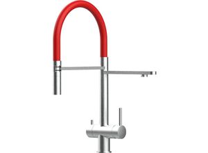 8055765123459 - Vizio - 3 Wege Wasserhahn Edelstahl Massiv Kuechenarmatur mit Rot 360 schwenkbarem Auslauf und abnehmbare 2 strahl Handbrause - Edelstahl Gebuerstet