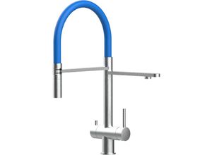 8055765123466 - Vizio - 3 Wege Wasserhahn Edelstahl Massiv Kuechenarmatur mit Blau 360 schwenkbarem Auslauf und abnehmbare 2 strahl Handbrause - Edelstahl Gebuerstet