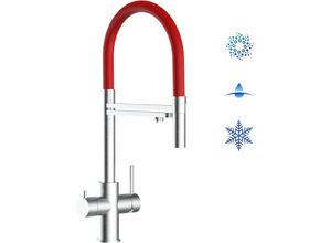 8055765123619 - Vizio - 5 Wege Wasserhahn Edelstahl Massiv Kuechenarmatur mit Rot 360 schwenkbarem Auslauf und abnehmbare 2 strahl Handbrause - Edelstahl Gebuerstet