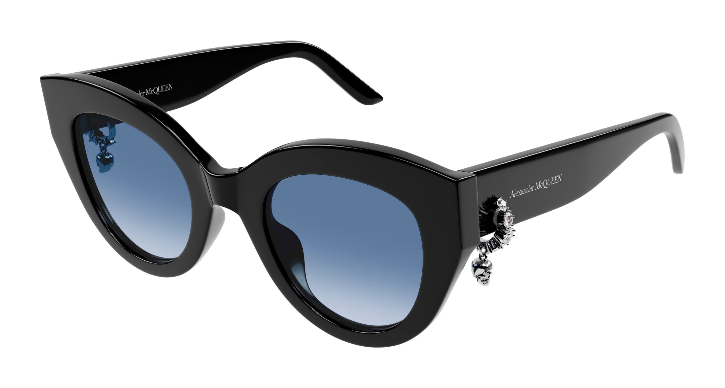 8056376455533 - Alexander McQueen Frau AM0417S 003 Gläser SONNENBRILLEN Acetat Schwarz Blau Katzenauge Normal Schattiert