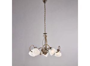 8057724580372 - Lampadario in ferro laccato marrone con decorazione oro antico e diffusori in vetro diametro 13 alabastro bianchi 5 luci H45 - MAX 105 - Ø64