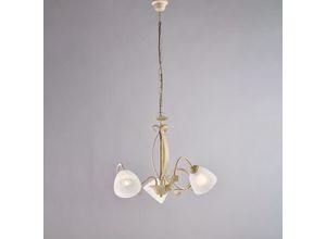 8057724580419 - Lampadario in ferro laccato avorio con decorazione oro antico e diffusori in vetro diametro 13 alabastro bianchi 5 luci H45 - MAX 105 - Ø64