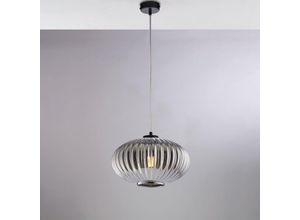 8057724580761 - Sospensione in ferro laccato nero con cavo elettrico regolabile e diffusore in vetro soffiato grigio specchiato con decoro rigatura in rilievo 1 luce