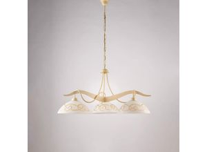 8057724580884 - Lampadario in ferro laccato avorio con decorazione effetto decapè e diffusori in vetro diametro 30 bianchi e ambra 3 luci H46 - MAX 106 - Ø89