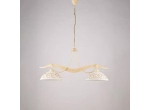 8057724580891 - Lampadario in ferro laccato avorio con decorazione effetto decapè e diffusori in vetro diametro 30 bianchi e ambra 2 luci H46 - MAX 106 - L 89 X 30