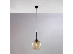 8057724581379 - Sospensione in ferro laccato nero con cavo elettrico regolabile e diffusore in vetro soffiato ambra con rigatura in rilievo 1 luce H41 - MAX 141