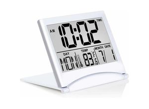 8130990343831 - Digitaler Reisewecker faltbarer Kalender Temperatur-Timer LCD-Uhr mit Schlummermodus kompakte große Zahlenanzeige batteriebetrieben (Silber