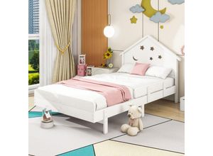 8141277629920 - Okwish - Kinderbett 90200 cm Einzelbett aus Massivholz Stern-Mond-Muster Designer-Hochbett weiß