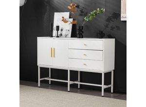 8151280156993 - Okwish - Kommode Sideboard mit zwei Türen und drei Schubladen goldene Griffe in verschiedenen Designs und Metallfüße Maße L120 B32 H80 weiß