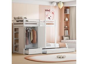 8261280143234 - Okwish - Massivholz-Etagenbett 90200 mit Ausziehbett multifunktionales Kinderbett mit Kleiderschrank Schubladen und Staufach weiß