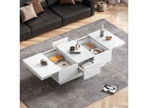 8381280148340 - Moderner glänzender Couchtisch 100x55x35 cm – weiß mit Schiebefunktion 2 versteckte Fächer 2 Schubladen – elegantes Design für Ihr Wohnzimmer