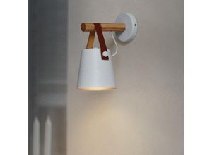 8396077290096 - Wandleuchte Innen Vintage E27 Wandlampe aus Holz Halter Wandbeleuchtung mit Lampenschirm aus Leder für Schlafzimmer Wohnzimmer Korridor Weiß 1PCS