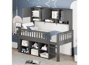 8411280143547 - Okwish - Kinderbett aus Holz 90200 cm mit Stauraum mit Schließfächern und Sicherheitsleiter Einzelbett Babybett grau