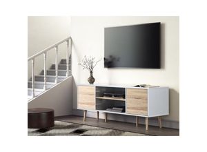 8414902710417 - Fernsehtisch tv Lowboard Wei und Eiche f¨¹r bis zu 65 Zoll Fernseher tv Schrank mit 2 Push-to-Open T¨¹ren und Verstellbare Regal f¨¹r Wohnzimmer