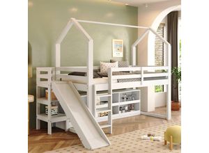 8421280144055 - Okwish - Kinderbett Einzelbett 90200 cm multifunktionales Kinderbett mit Rutsche & Treppe & Spind & Regal ohne Matratze Massivholz + mdf weiß