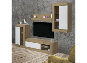 8423490267524 - Altri - Einbaufertige Wand Oakland TV-Ständer für Wohnzimmer Wohnzimmerkomposition mit 3 Hängeschränken und 1 Regal cm 270x35h113 Eiche und Weiß