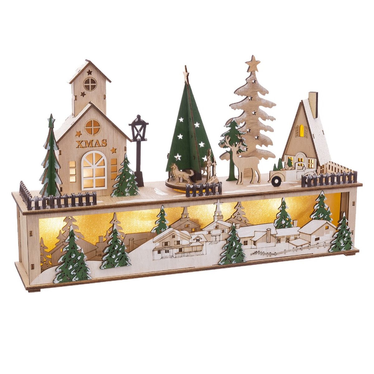 8424346195961 - Weihnachtsschmuck grün natürlich Holz Häuser 45 x 10 x 27 cm