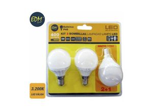 8425998982008 - E3 98200 Kit 3 Bombillas Esfericas Led E14 5W 400Lm 3200K Luz Calida Ø45X8Cm EDM