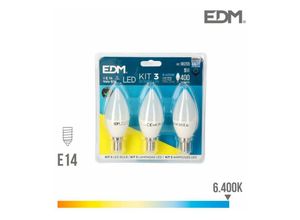 8425998982053 - E3 98205 Kit 3 Bombillas Vela Led E14 5W 400Lm 6400K Luz Fria Ø36X10Cm EDM