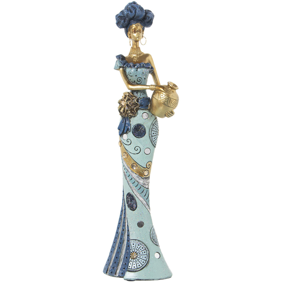 8427701503548 - Decorative Figure Blue Golden Plastic African Woman 11 x 15 x 45 cm