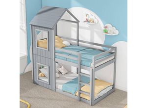 8430582238546 - Abrihome - 90x200cm Etagenbett Kinderbett Hausbett für Mädchen und Jungen mit Leiter & Baldachin bodentief massivholz grau