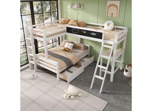 8430582238720 - Abrihome - Kinderhochbett  Hat Aufbewahrungsschubladenaus Kiefernholz Etagenbett Kinderbett mit Schreibtisch und Regal 140x200cm90x200cmweiß