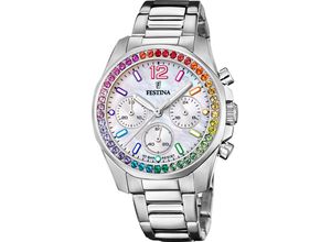 8430622788994 - Chronograph FESTINA Boyfriend F20606 2 Armbanduhren silberfarben Damen Armbanduhr Quarzuhr Damen Stoppfunktion Zirkonia Regenbogenfarben