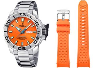 8430622814679 - Taucheruhr FESTINA The Originals Diver Armbanduhren silberfarben (silberfarben orange) Armbanduhr Quarzuhr Herrenuhr Geschenkidee Edelstahlarmband