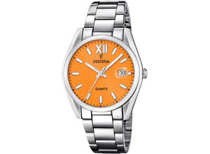 8430622816581 - Quarzuhr FESTINA Armbanduhren silberfarben (silberfarben orange) Damen Quarzuhren Armbanduhr Damenuhr Herrenuhr Edelstahlarmband Datum