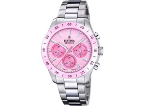 8430622830396 - Chronograph FESTINA Ceramic Armbanduhren silberfarben rosa Damen Quarzuhr Armbanduhr Damen Herren Edelstahlarmband Keramiklünette