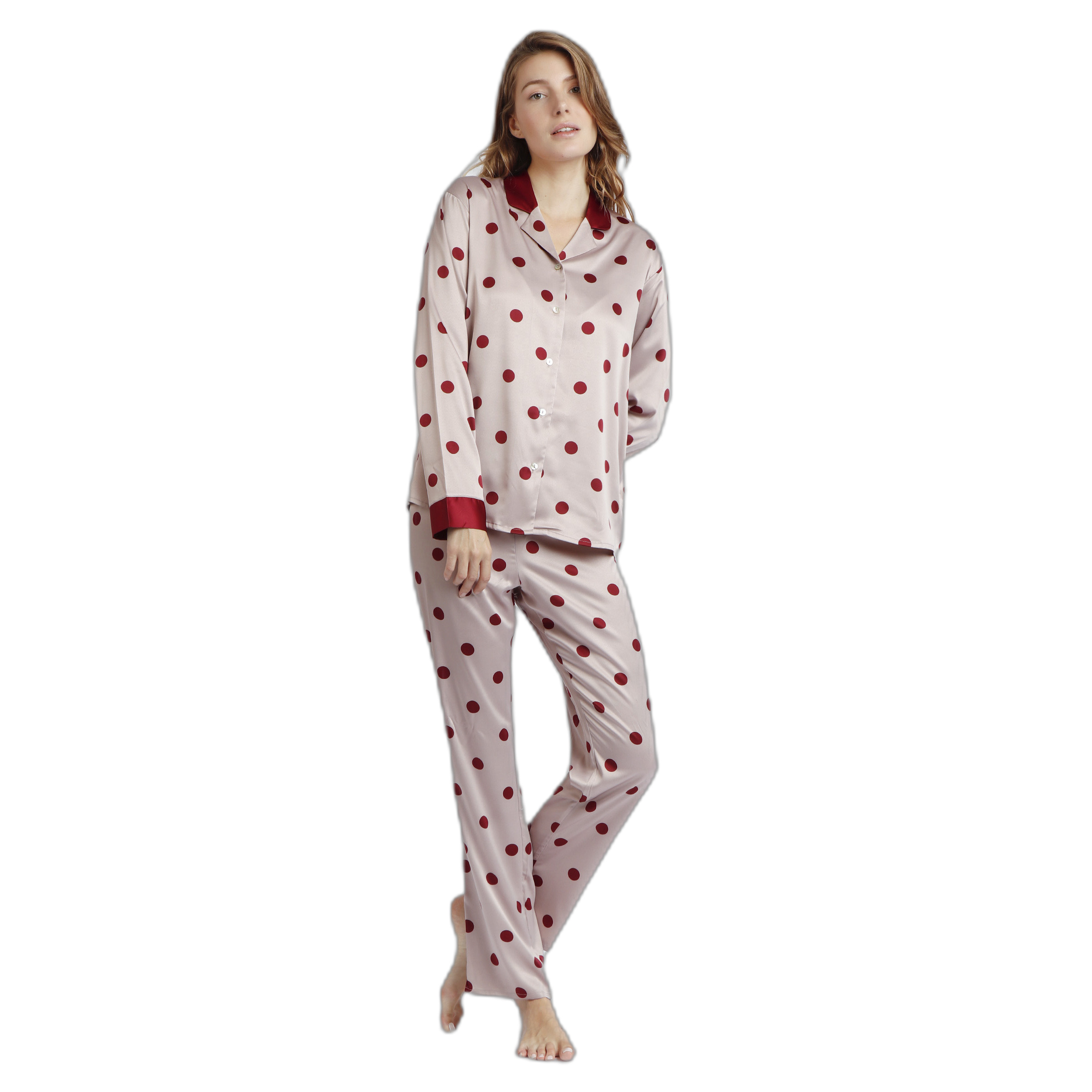 8433623726446 - Eleganter Satin-Pyjama mit langen Ärmeln und Punkten für Frauen Classic