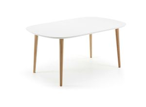 8433840225487 - Oqui Ausziehtisch aus weiß lackiertem mdf und Beine aus massiver Buche 160 (260) x 100 cm - Weiß - Kave Home