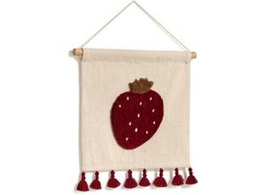 8433840760711 - Amarantha Wandteppich 100% Baumwolle weiß mit roter Erdbeere und Fransen rot 40 x 40 cm - Beige - Kave Home