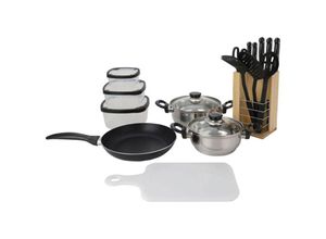 8434652419606 - Wellhome - Well Home 18-teiliges Küchenset (1x Bratpfanne + 2 Töpfe + 1 Schneidebrett + 1 Schere + 3 Nylonutensilien + 4 Tupperware + 1 Holzblock