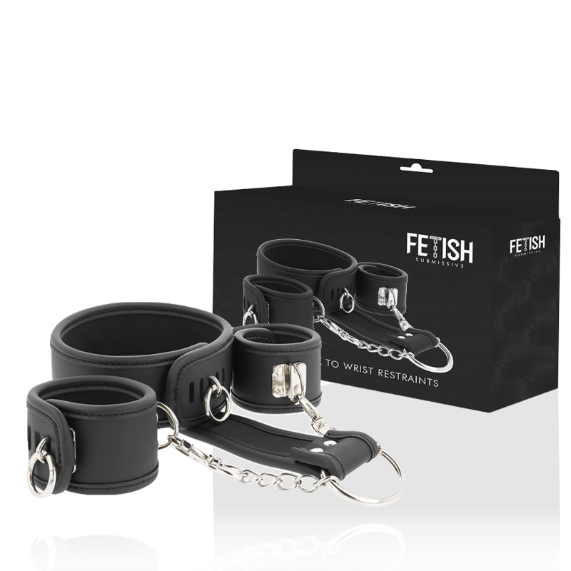 8435565902377 - FETISH SUBMISSIVE - HALSKETTE UND HANDSCHELLEN AUS VEGANEM LEDER MIT NOPRENE-FUTTER