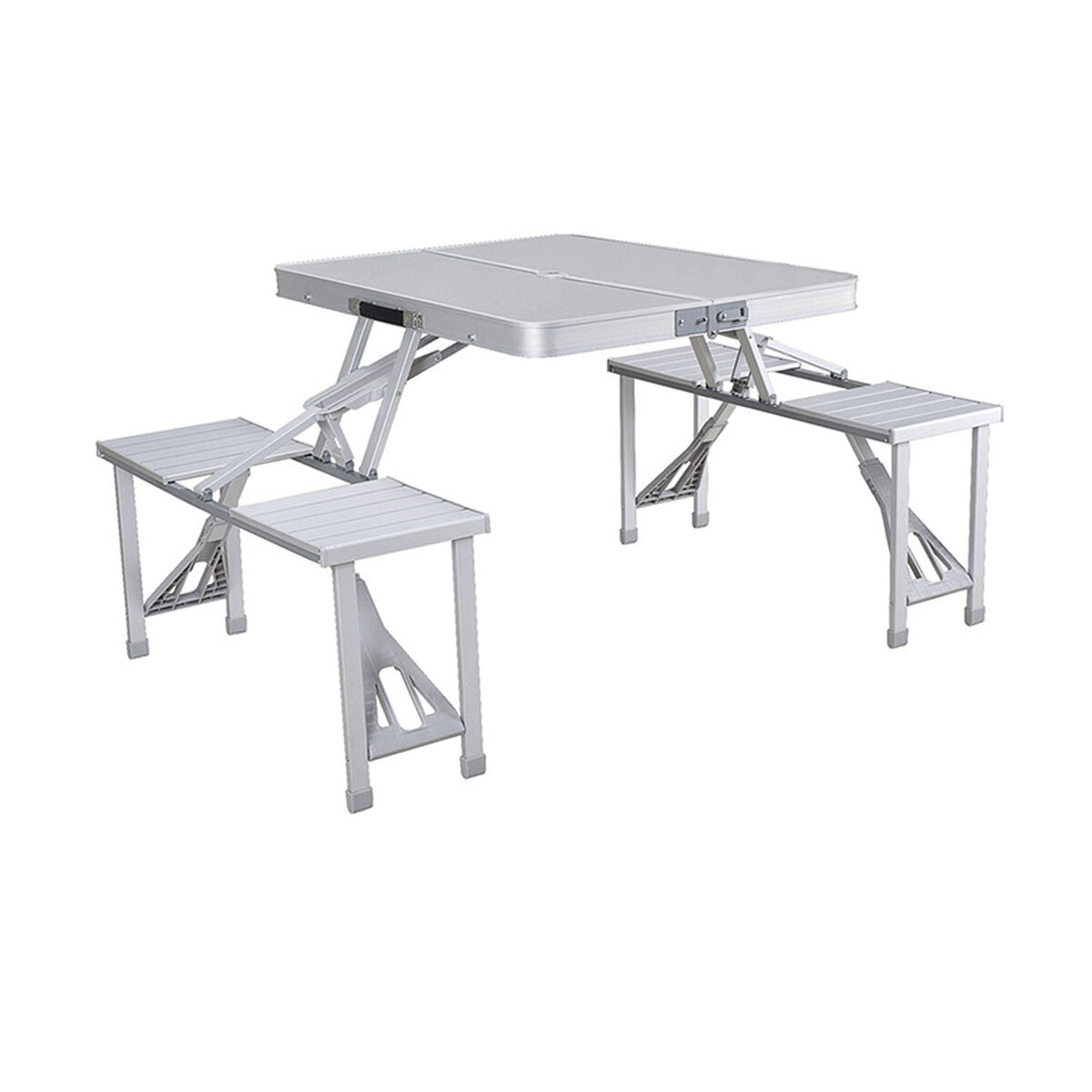 8435631904397 - Tisch und 4 Sitze mit Sonnenschirmloch Klappbar Aluminium Grau Camping und Strand 136X85X67 cm 10439