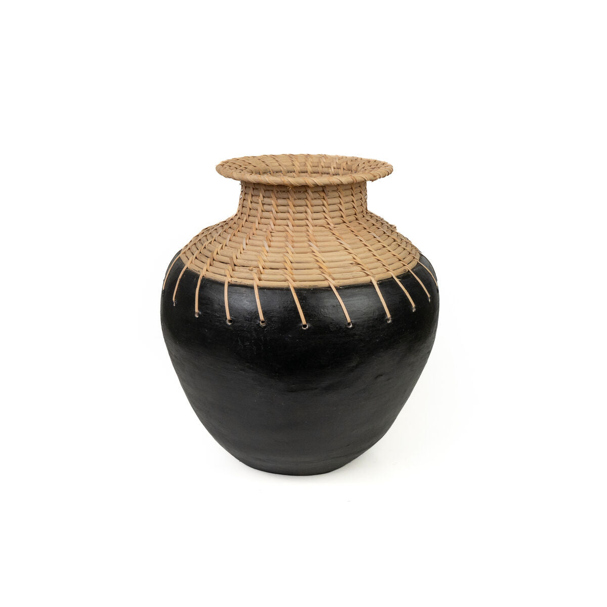 8435700832293 - Blumenvase Schwarz natürlich aus Keramik Rattan 25 x 30 x 25 cm