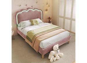 8441279531413 - Redom - led Polsterbett Einzelbett 90 x 190 cm Bettgestell mit Lattenrost und verstellbarem Kopfteil rosa Polsterbett Bettgestell Jugendbett für