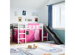 8447299891353 - Torana - Kinderhochbett mit Vorhängen Rosa 90x190 cm Massivholz Kiefer