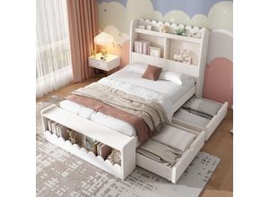 8471280149994 - Okwish - Kinderbett Einzelbett mit Schubladen Regal und Bank mit Stauraum Holzbett 90x190 cm Bettgestell und Holzlattenrost weiß mit Eichenfarbe