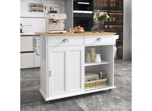 8471280150358 - Okwish - Esszimmerwagen Sideboard 112x40(70)x94 cm weiß klappbare Arbeitsplatte in Massivholzoptik mit Stauraumtüren Rollen und austauschbaren