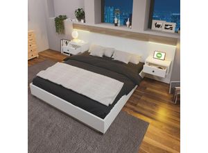 8481277626193 - Okwish - Doppelbett-System mit 2 LED-Nachttischen und USB-C-Steckdose Holzbett 180 x 200 cm mit 2 Nachttischen komplettes Schlafzimmer – 205 x 284