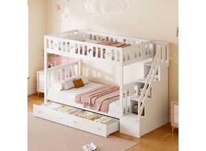 8481280143250 - Okwish - Kinderbett 90200 90200 cm Massivholz-Etagenbett mit Sicherheitstreppe Stauraumtreppe zwei großen Schubladen und Lattenrost weiß